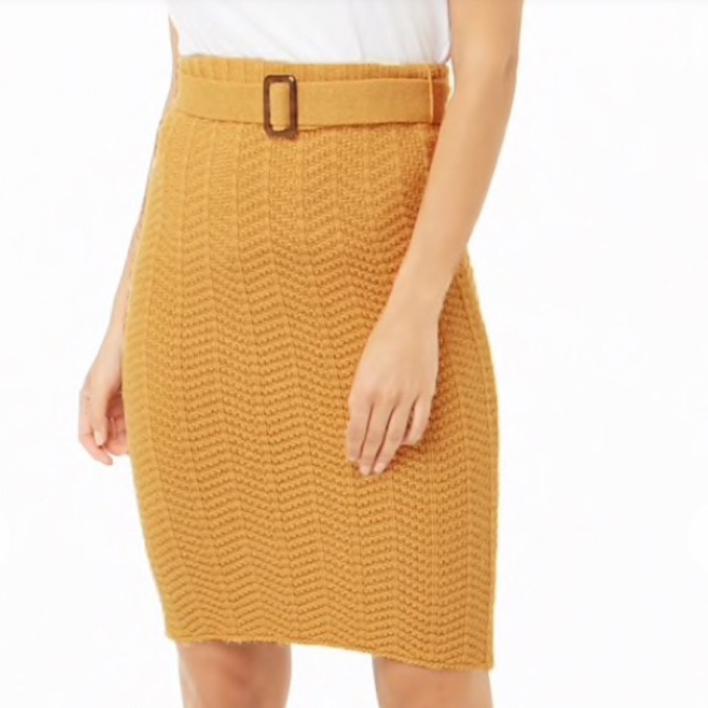 Belted Chevron Ribbed Skirt - Mustard Color